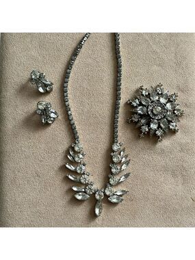 Vintage 1950’s Crystal Marquis Silver Necklace Clip Earrings and Brooch Set
